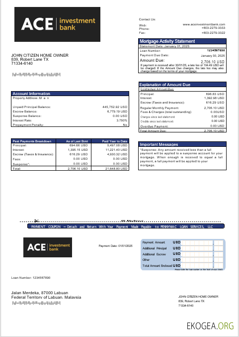 Relevé hypothécaire de la banque USA ACE aux formats Word et PDF